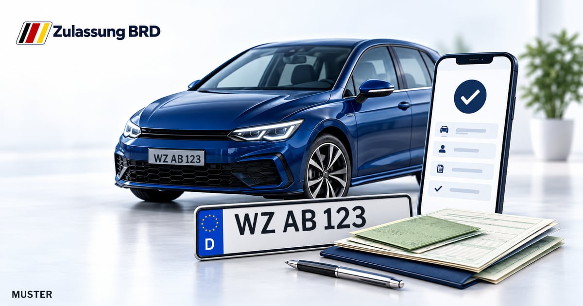 Online Fahrzeugzulassung in Dietzhölztal: Musterkennzeichen WZ AB 123, Auto und Fahrzeugpapiere und Smartphone. Illustration mit Logo von Zulassung BRD.